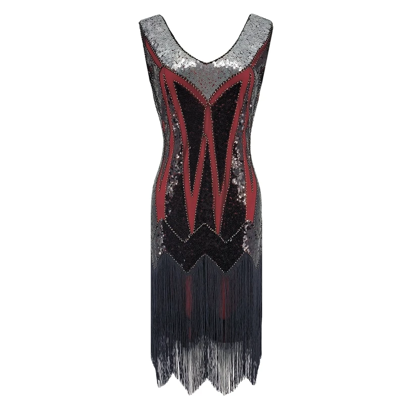 

Women's Plus Size Flapper Dress Fringe Glitter Beaded Swing Roaring 20s Great Gatsby Dress V-neck Sleeveless Sequin Tunic Dress