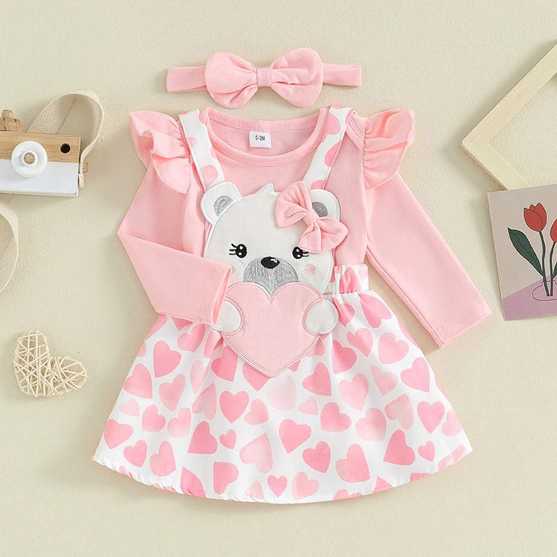 2023-11-09 Lioraitiin Newborn Baby Girls Valentine\'s Day Outfits Romper Bear Patch Heart Print Baby Suspender Skirts Clothes Set