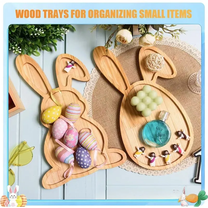 Cute Easter Bunny Wooden Tray Living Room Fruit Serving Cake Dessert Bread Display Plate Kid Complementary Food Cutlery Supplies