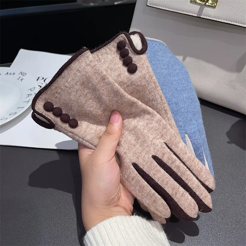 Gloves Women Wool Soft Stretch Thin Touch Screen Winter Cycling Retro Split Finger One Size