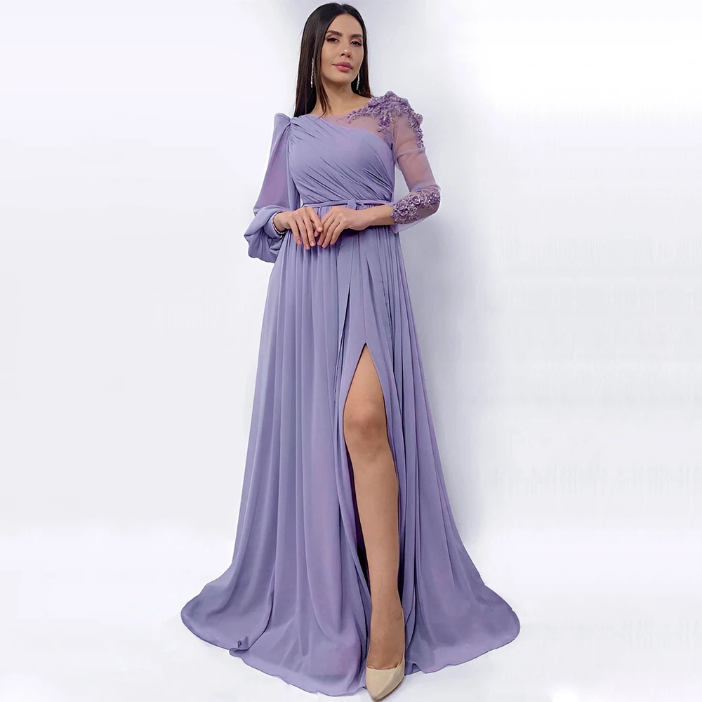 Lavender Evening Dress Long Sleeves 3D Flowers A Line  Gowns for Women Sash Scoop Side Slit Chiffon Elegant Prom Dresses