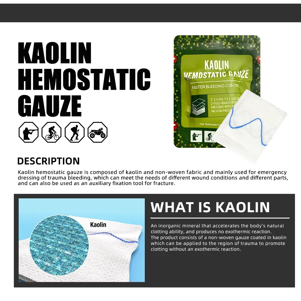 Hemostatic Kaolin Gauze Combat Emergency Trauma Z-Fold Soluble For Ifak Tactical First Aid Kit Wound Dressing