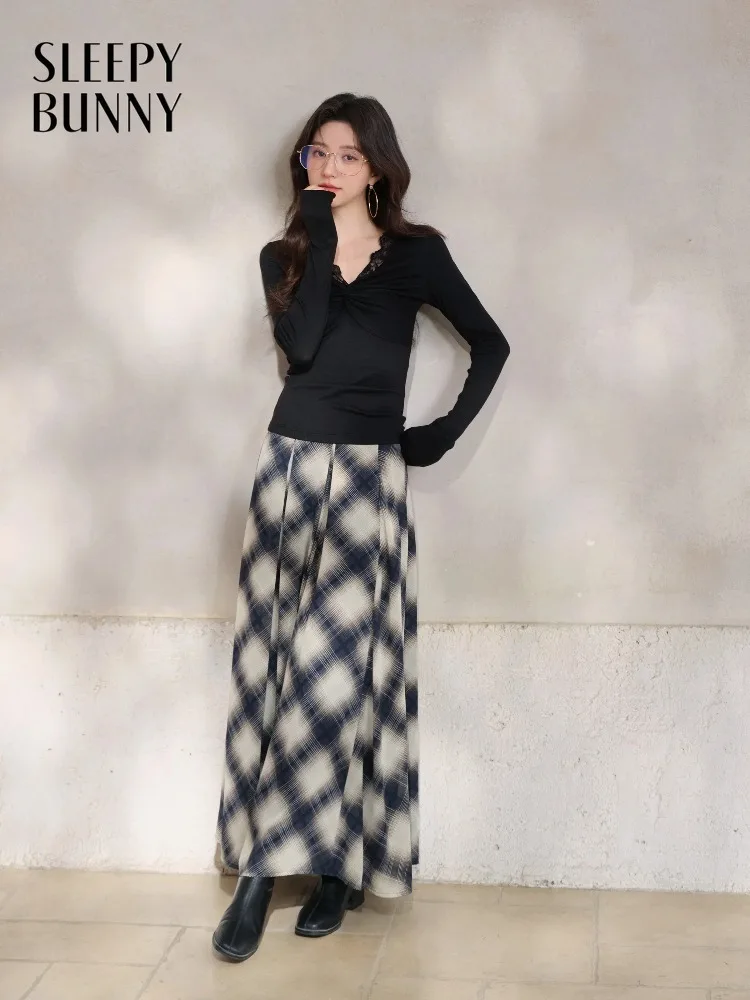 

Women French Vintage Plaid Chiffon Skirt Lady Spring High Waist Loose A Line Swing Midi Skirt Casual Flowy Office Daily Bottoms