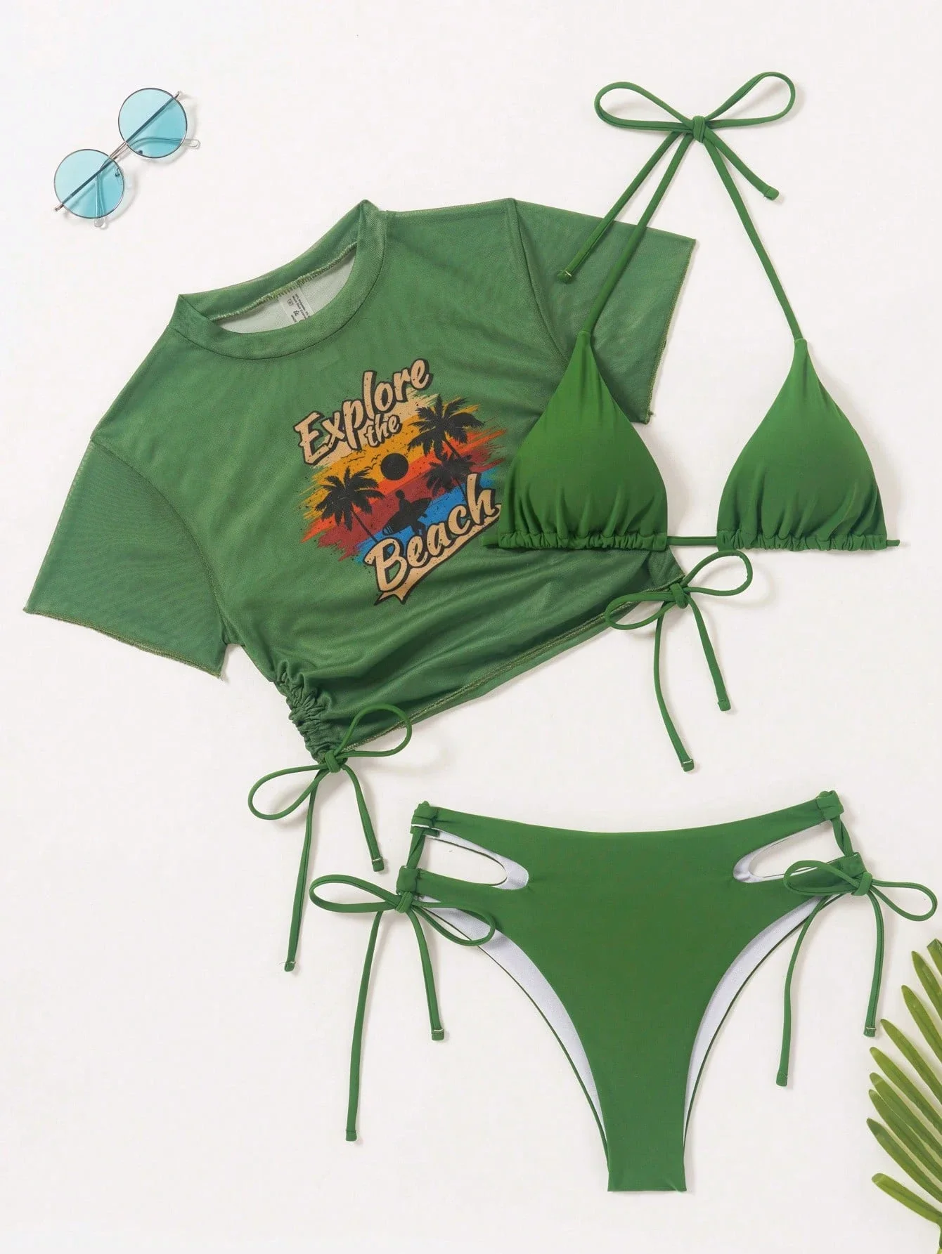 

Green Solid Halter Tie Bikini Set With Letter Print Cover-Up Top