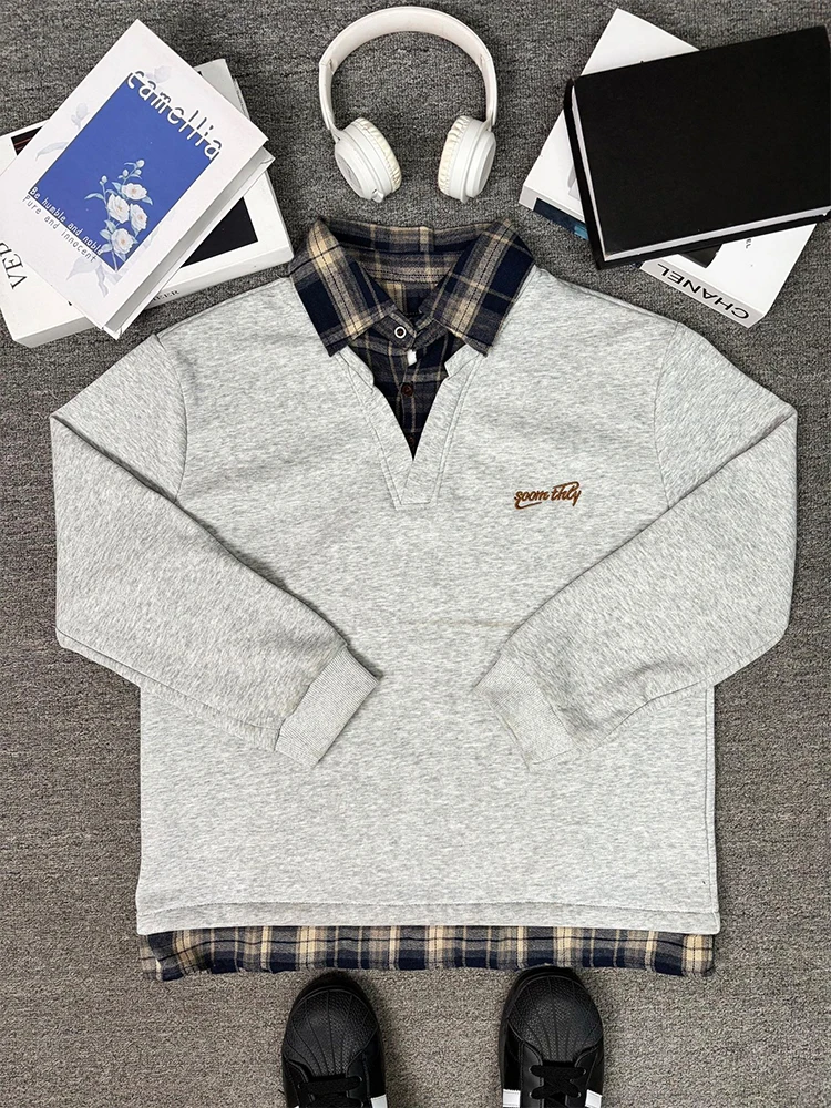 

American Style Fleece Lined Shirt Collar Hoodie Men's Winter Warm Long Sleeve Inner Wear Casual Neck Sweatshirt