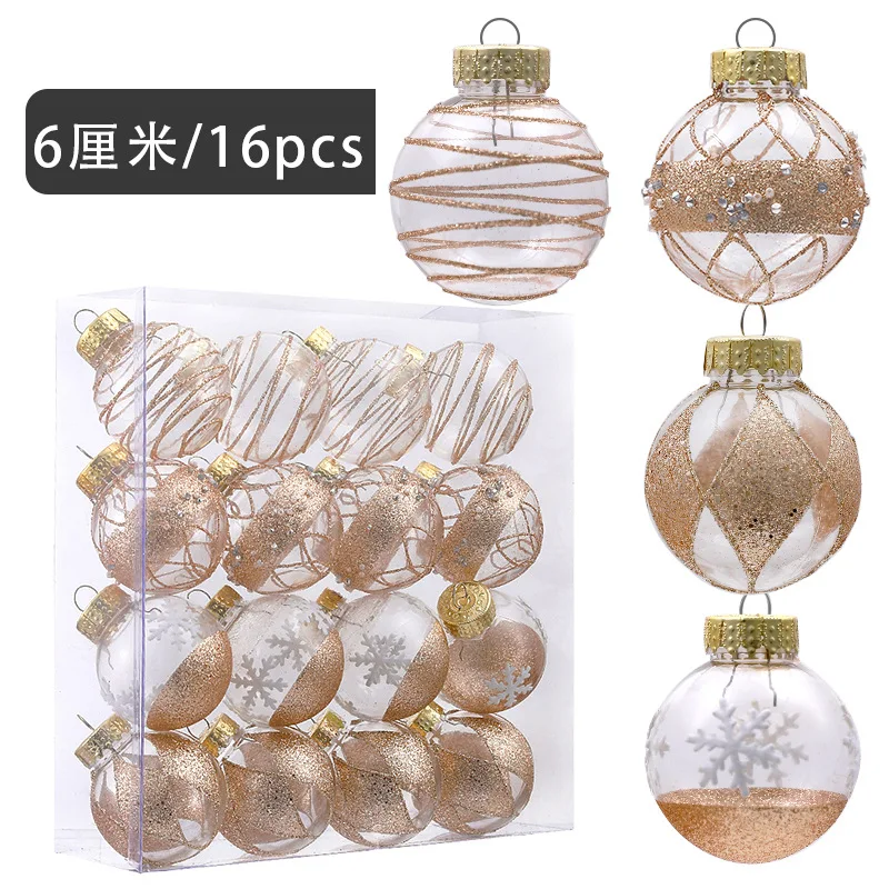 クリスマス用の金メッキ透明ボール,日曜大工用のクリスタルとパウダー用の6cm 7cm,円形,プラスチック,クリスマスの木の装飾