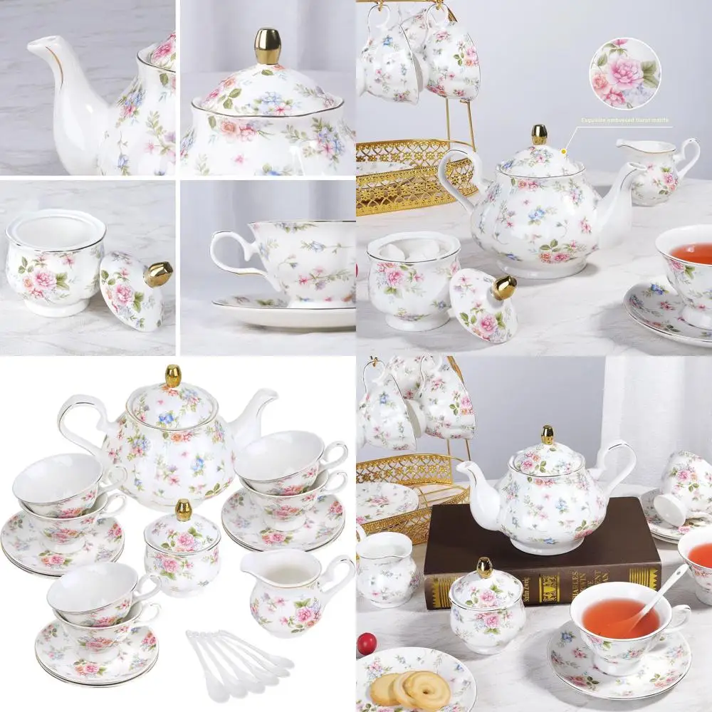 

Vintage British-Style Porcelain Tea Set with Gold Trim, 21-Piece Pink & Blue Floral Design, Perfect for Weddings, Birthdays, and