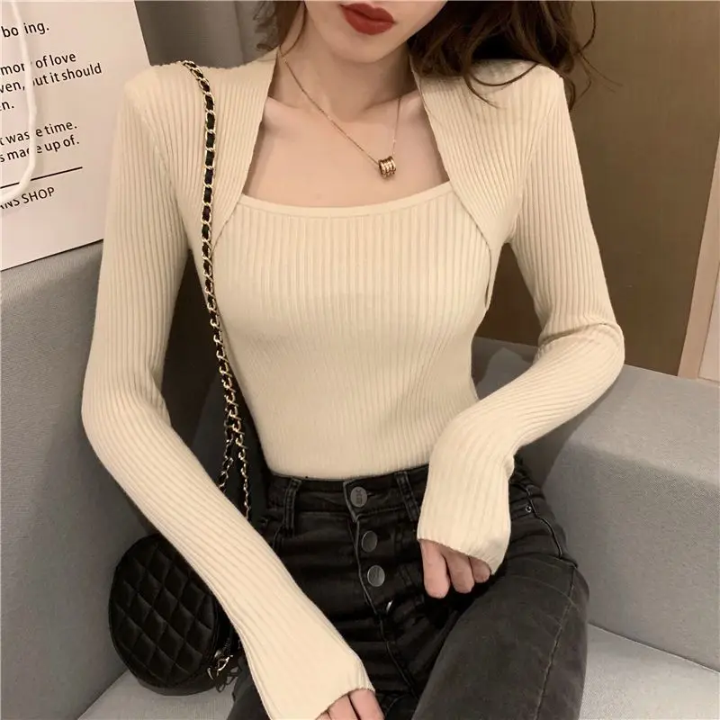 Korean Young Style Autumn Sweaters Women's Square Collar Solid Spliced Fake Two Pieces Simplicity Slim Long Sleeve Knitting Tops