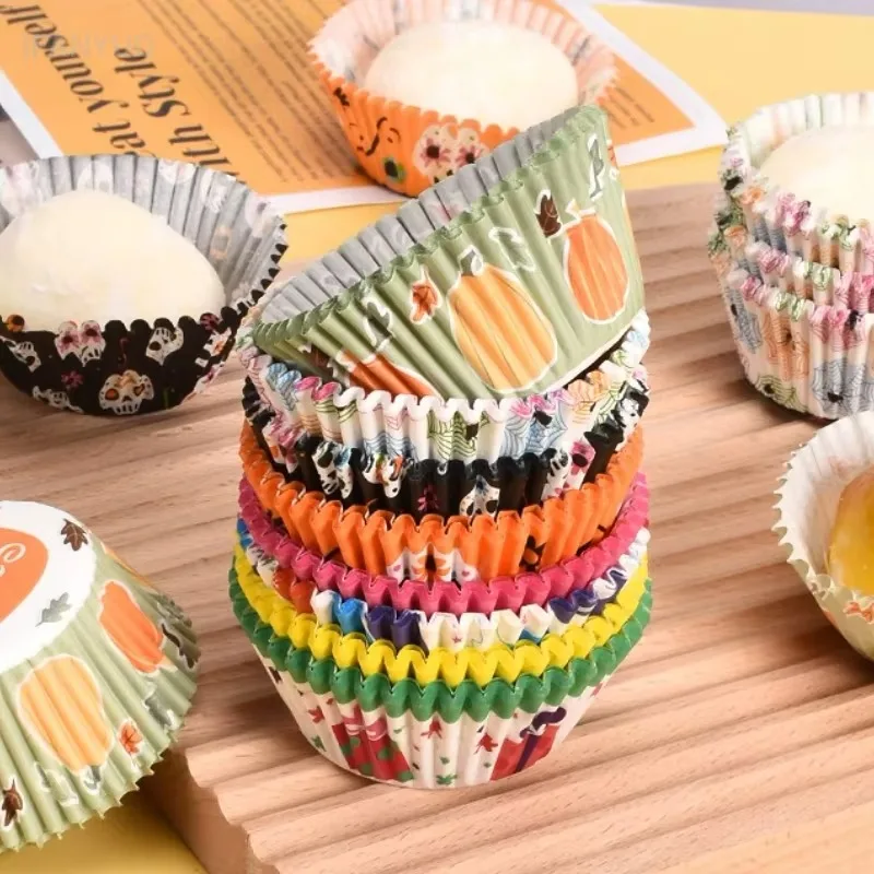 100Pcs Halloween Cupcake Paper Cups Thanksgiving Cake Dessert Wrappers Baking Tray Pumpkin Skull Pattern Cakes Decor Supplies