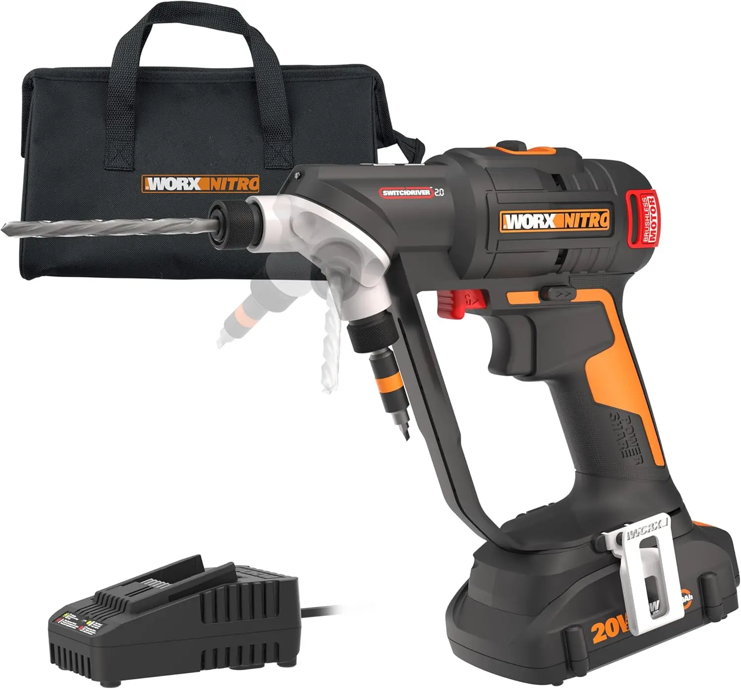 Worx Nitro 20V Switchdriver 2.0, 2-In-1 Brushless Cordless Drill Driver, Drill Set Rotatable Dual 1/4