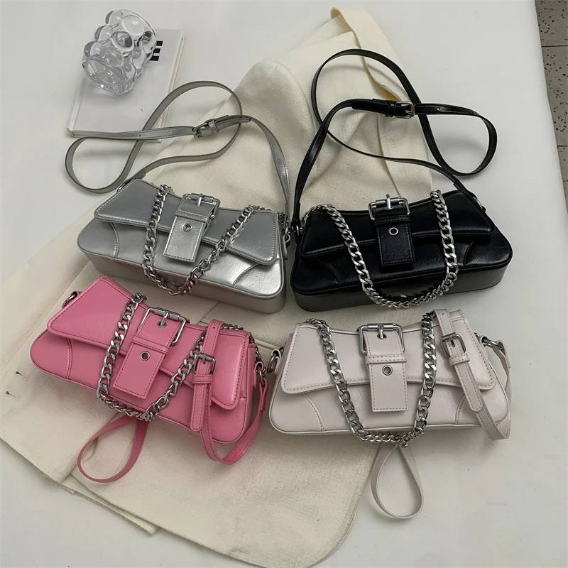 Silver Small PU Leather Crossbody Bags for Women 2023 Y2K Luxury Brand Females Underarm Shoulder Side Bag Chain Handbags