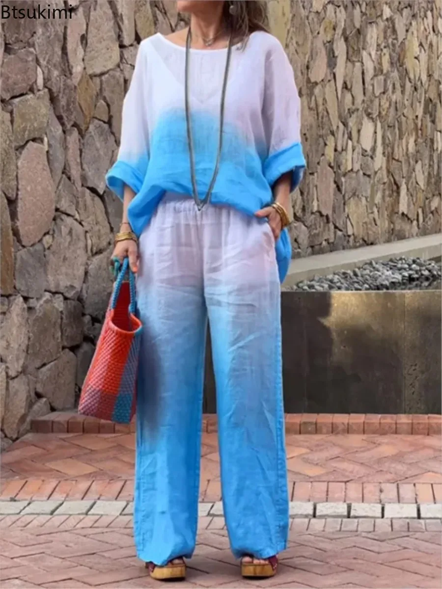 

New Spring Summer Cotton Linen Long Sleeve Women's Sets Casual Loose Simple Fashion Gradient Color Pocket Long Pants 2-piece Set