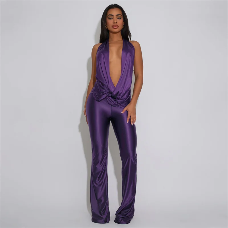 

Sexy Halter Deep V-neck One Piece Jumpsuit Woman Elegant Sleeveless Ruched Backless Club Party Rompers and Jumpsuits Midnight