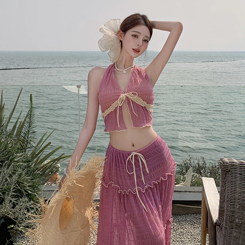 女性用水着 パッド入り 3 ピース ホルター水着 ロング水着 女性 ショーツ付き タンキニ ビーチドレス 水着 プール スパ