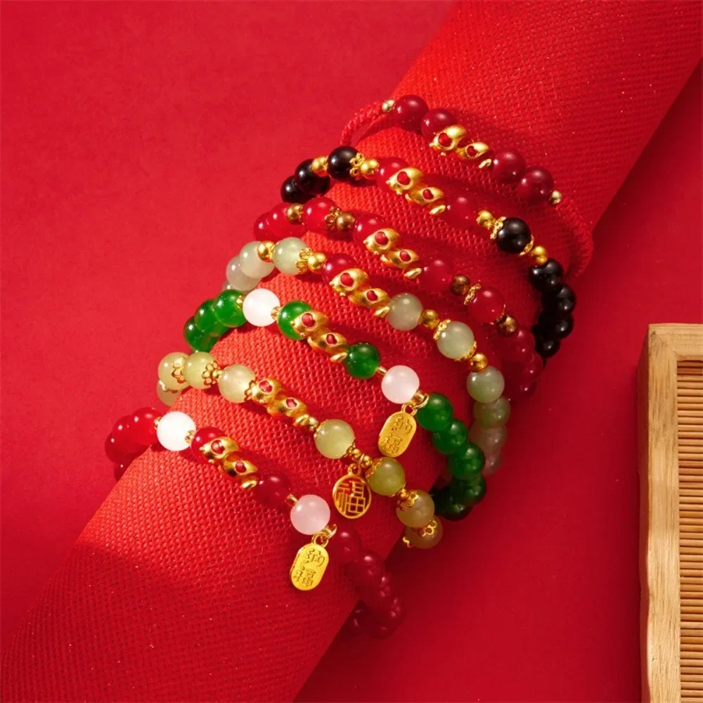 Cute Chinese Style Zodiac Snake Bracelet Elastic New Year Beaded Bracelets Golden Good Luck Fortune Bracelet Friendship