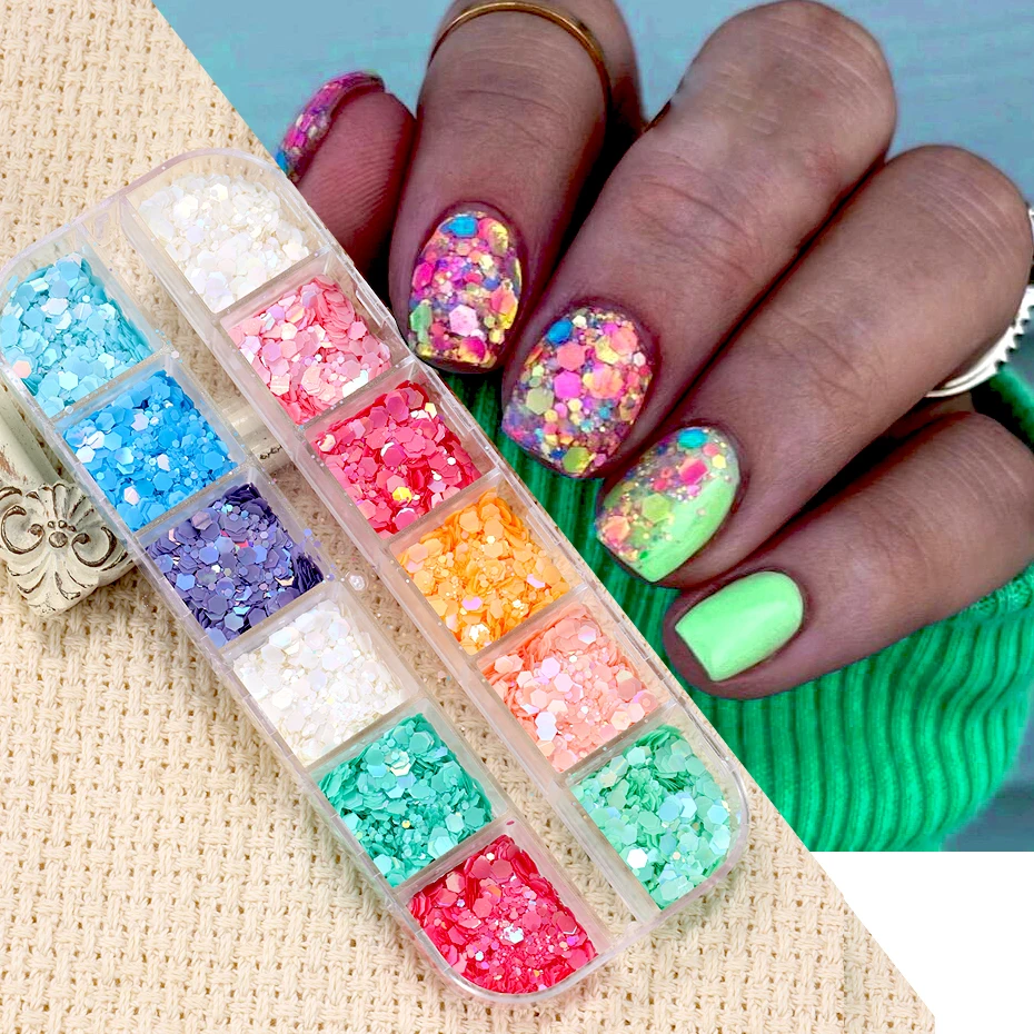 12 Colors Chameleon Nail Glitter Sequins Mermaid Mirror Hexagon 3D Flakes Paillette Laser Spangles Polish Summer Manicure Tips