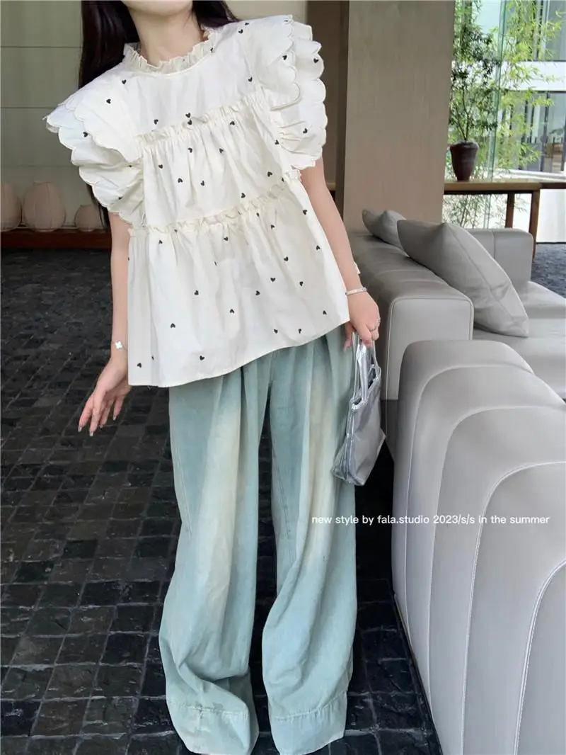 Simple Blouses Women Flying Sleeve Heart Printed Ruched Ruffles Korean Style Stylish Chic Ulzzang Loose Fit Tops Leisure Sweet