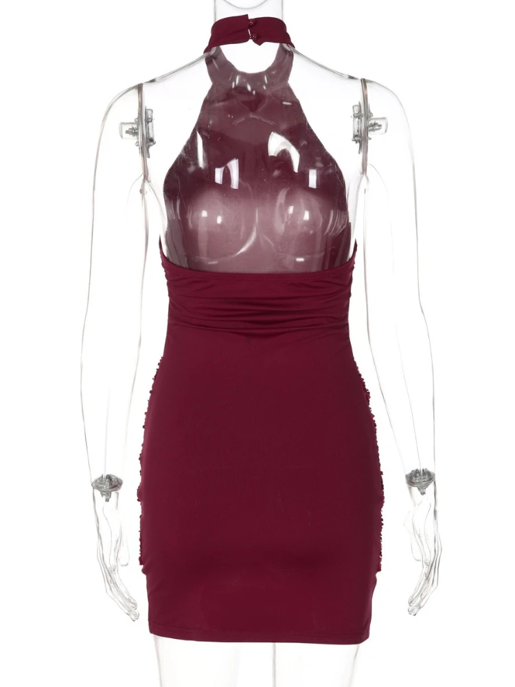 Vestido corto de fiesta sin espalda con cuello Halter y hombros descubiertos para mujer 2026 Mini vestidos de fiesta de noche ajustados con retales de lentejuelas para mujer