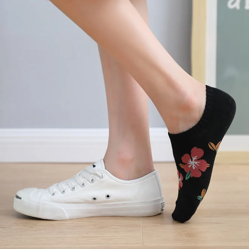 Japanese Kawaii Cute Sock Slippers Women Cotton Invisible No Show Socks Floral Print Silicone Anti-slip Low Cut Ankle Boat Socks