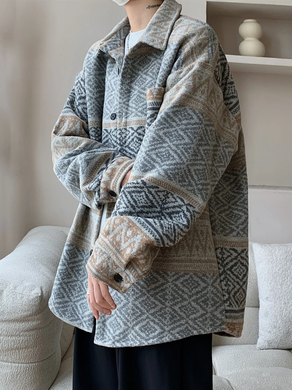 

Loose Fit Men's Tweed Jaet Spring 2025 Faion plus Size Collar Outerwear Polyester Acrylic Nylon Wool Blend Coat