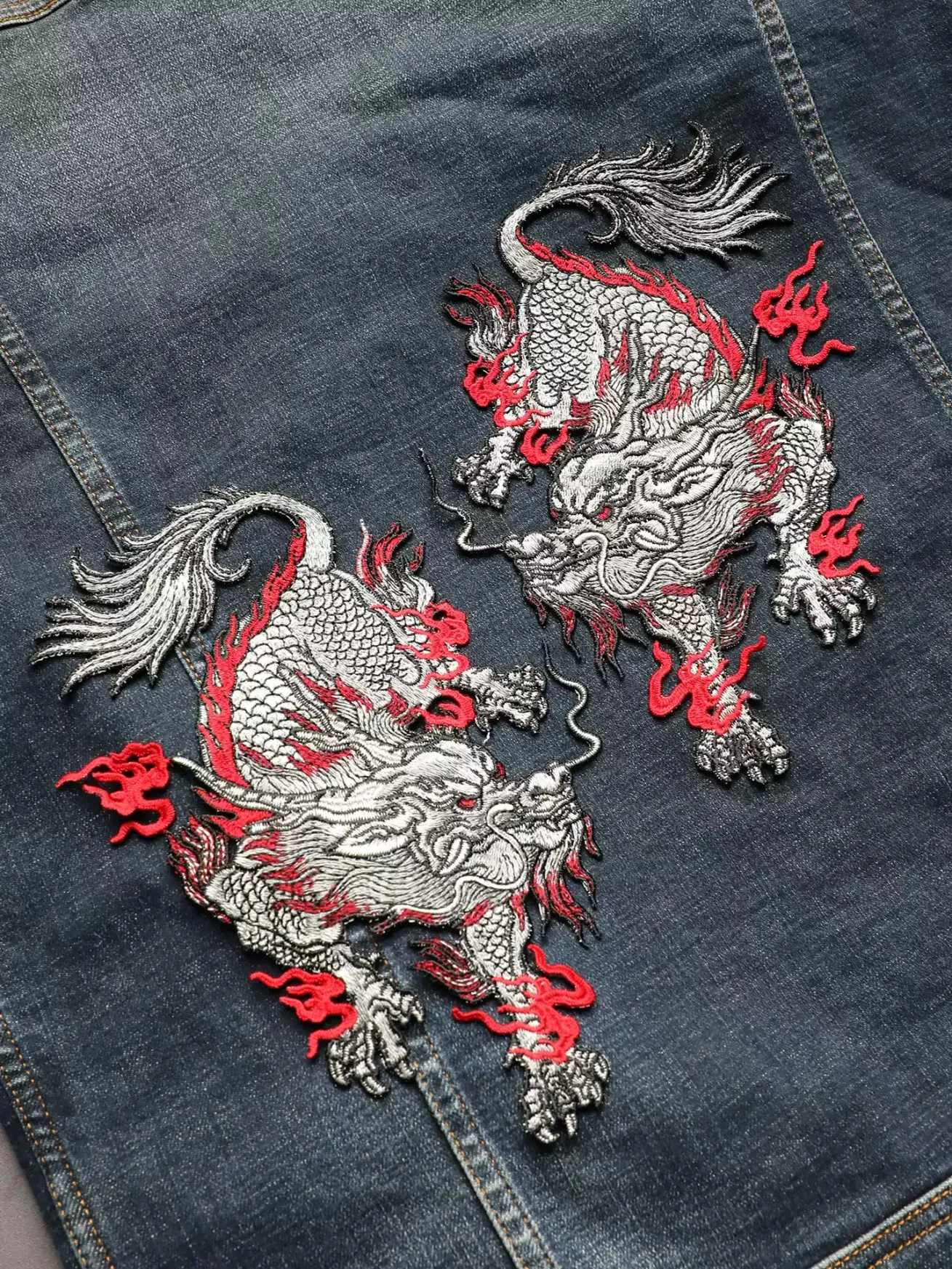 Chinese Dragon Style Applique large size Embroidery Applique Beaded Sew on Patches for Clothing ,Fire Kirin Embroidery Patch