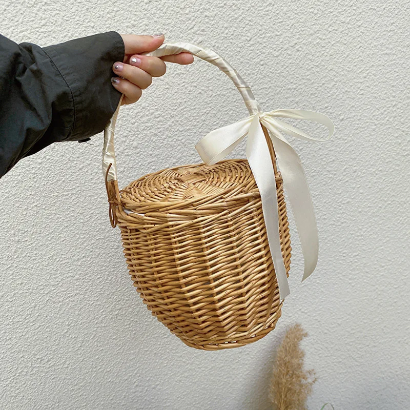 

Wicker Basket Bag Women Summer Beach Natural Rattan Straw Bucket Totes Handmade Woven Handbags New