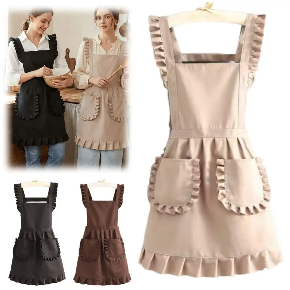 Wear-resistant Cute Ruffles Cooking Apron Stain-proof Simple Korean Style Apron Oil-proof with Pocket Nail Shop Apron Woman