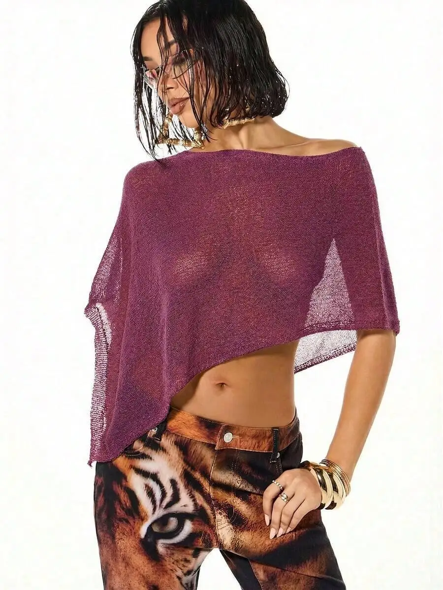 

Women Sequin Crochet Knit Asymmetric Off-Shoulder Shawl Top Metallic Party Evening Glamour Poncho