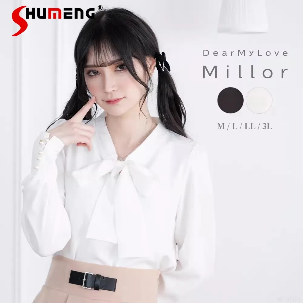 

Japanese Commuter Lady Simple Shirt Female Work Black and White Solid Color Streamer Long Sleeve Chiffon V-neck Blouse Femmes