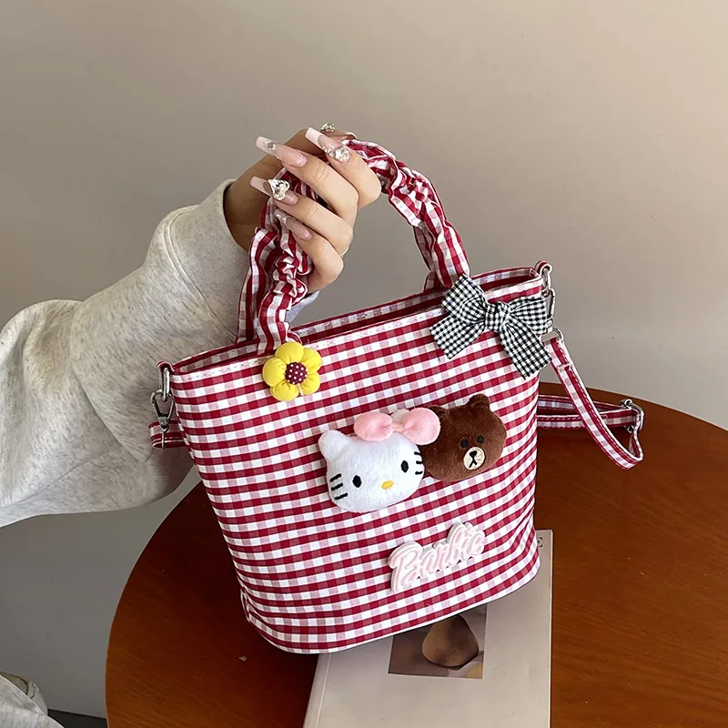 

Sanrio Hellokitty Bucket Bag Grid Canvas Small Square Bag Trendy Kawaii Kt Cat Bucket Bag Academy Wind Handbag Shoulder Bag