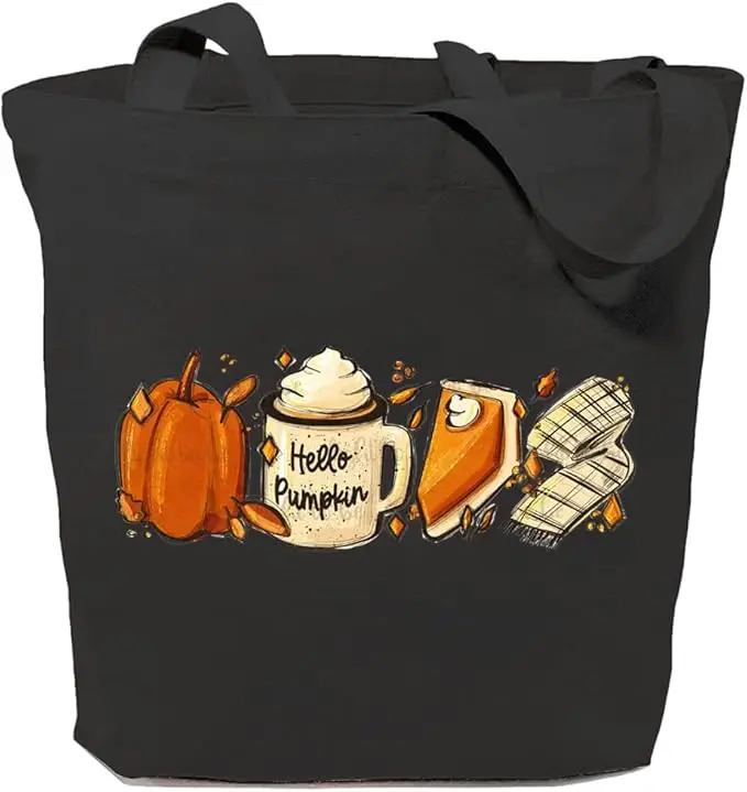 Bolso de lona de otoño Hello Pumpkin para mujer, con estampado de tarta de Acción de Gracias y taza de café, bolso de hombro para ir al trabajo y bolso de compras