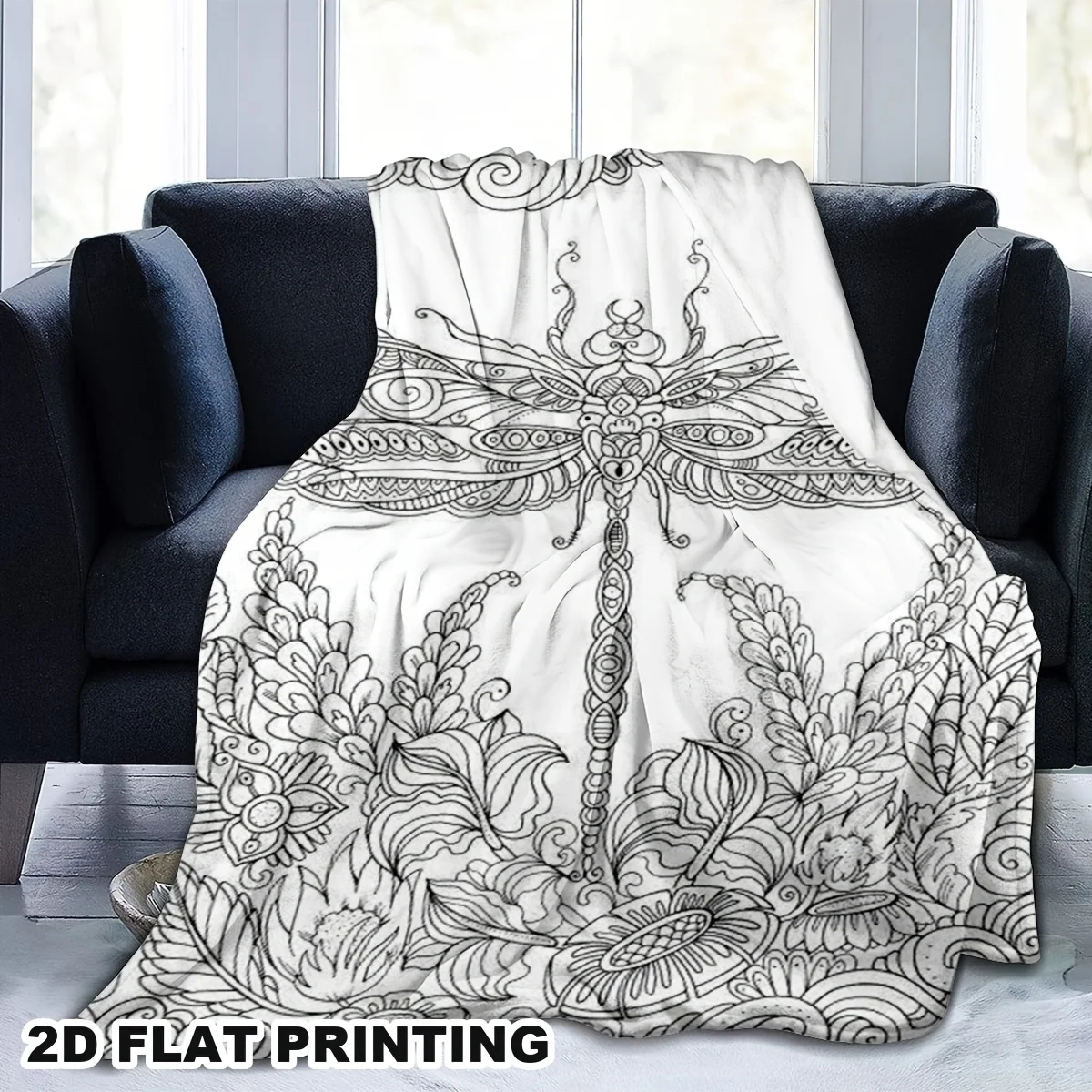 Boho Dragonfly Mandala Throw Blanket Polyester Fleece Art Print Floral Nature Line Sketch Aesthetic Cozy Couch Decor Gift