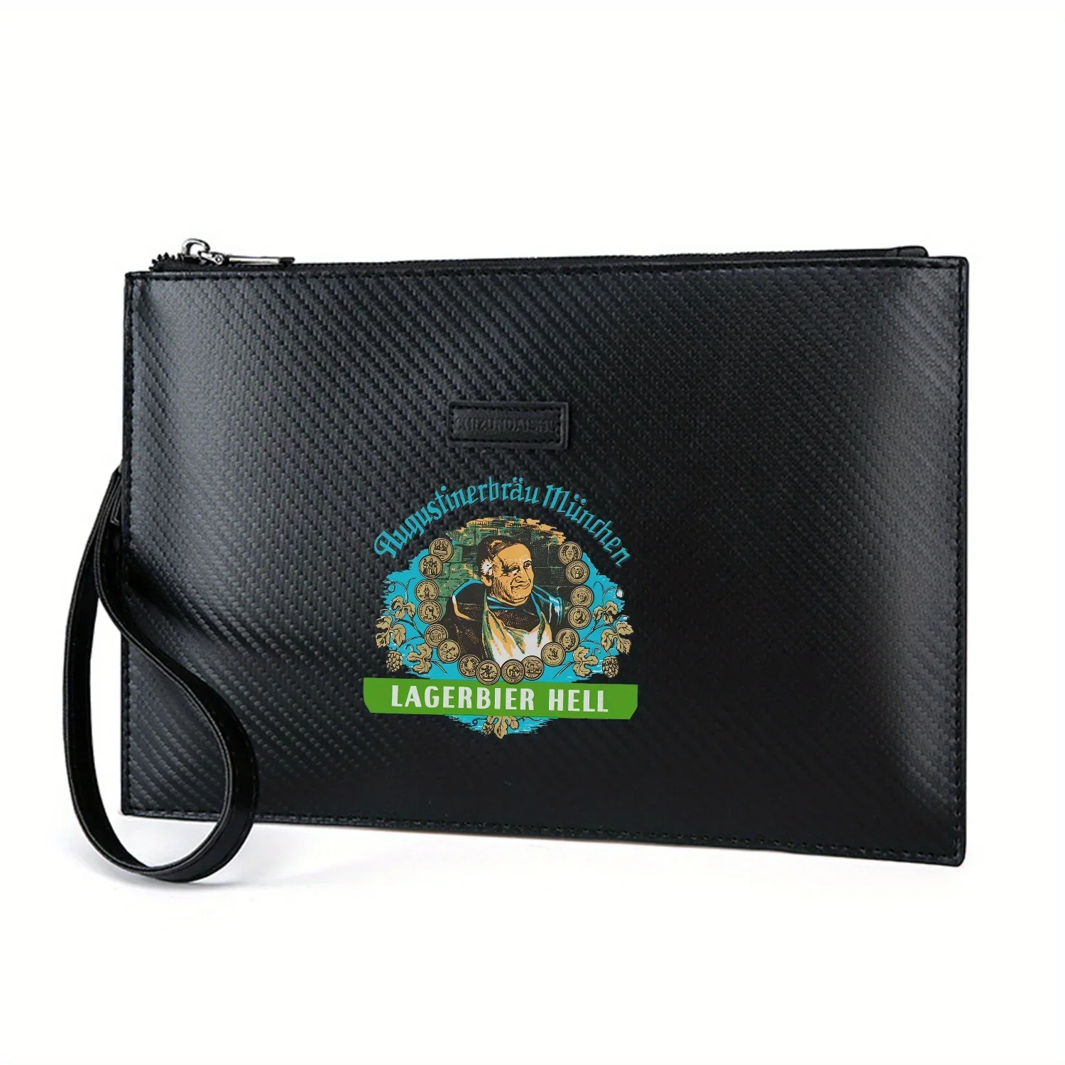 Monk beer logo,coins,leaves,text Elegant Printed PU Men's Handbag Fashionable and Practical for Everyday Carry