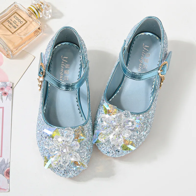 Children Leather Shoes For Girls High Heels Shiny Crystal Pillar Sequin Princess Kids Dance Shoes Attend A Evening Party Shoe