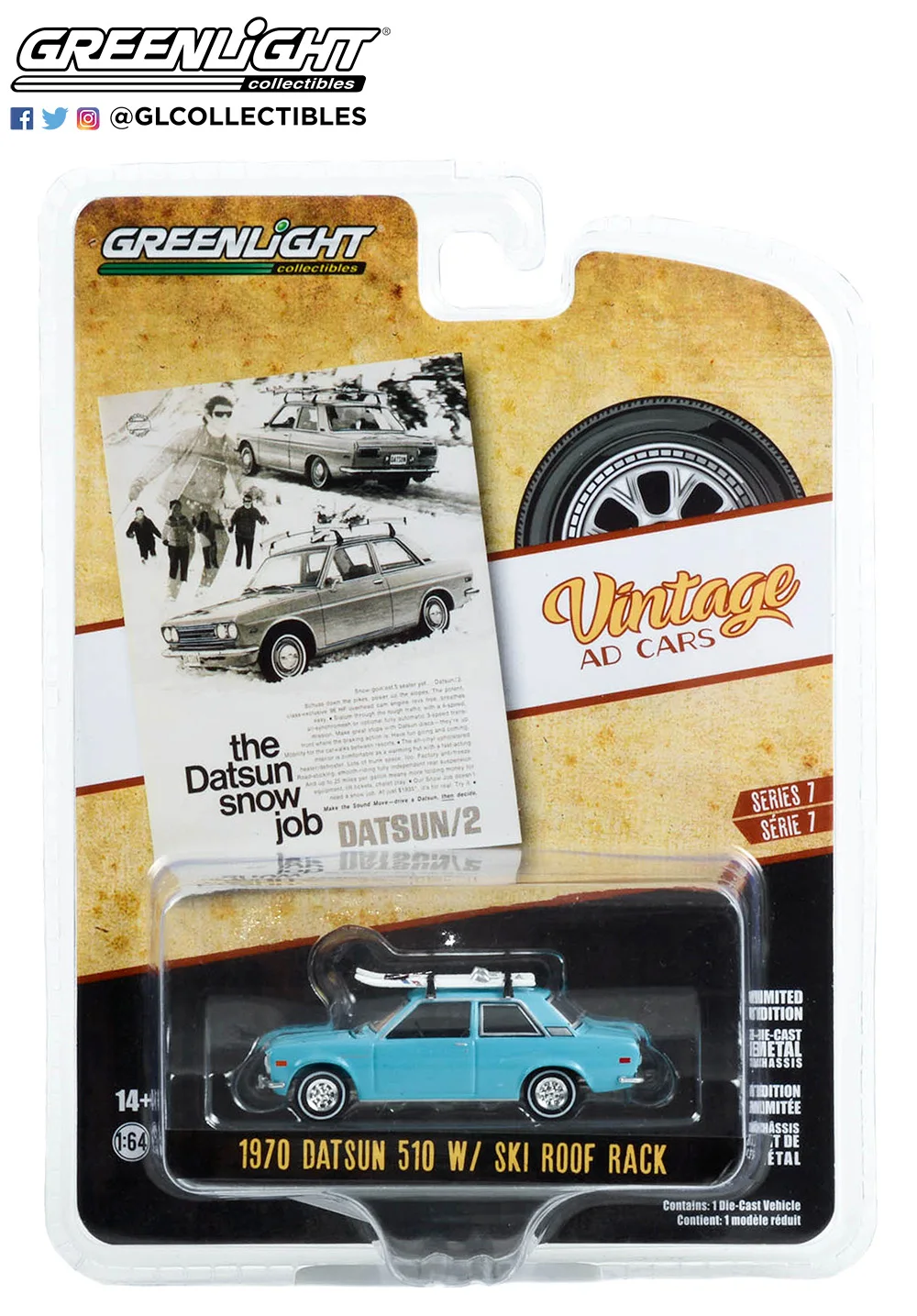 

GREENLIGHT 1/64 1970 Datsun 510 Die-cast trolley model with ski roof and luggage rack