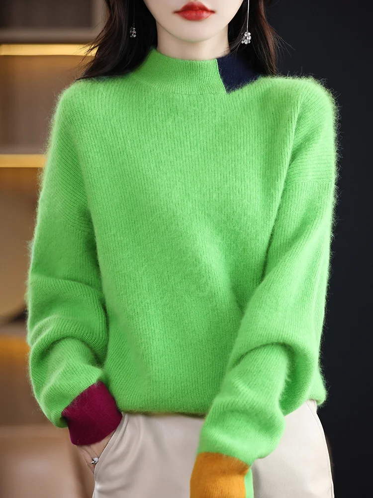 Women's Mock Neck 100% Mink Cashmere Sweater Pullovers Long Sleeve Chic Thick Knitwear Autumn Winter Korean Style Clothing Tops