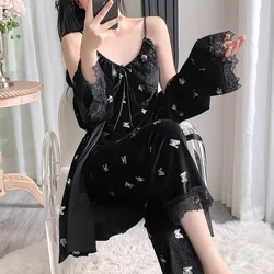 Autumn Winter Velvet Female 3PCS Pajamas Set Loose Casual Velour Home Clothes Sexy Lace Trim Bathrobe Trouser Suits Lounge Wear