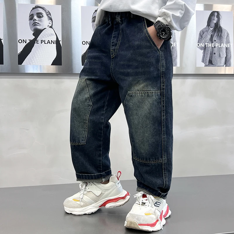 

Весенне-осенние корейские джинсы для мальчиков для подростков, лоскутные брюки, детские повседневные брюки, детские джинсовые брюки для детей 2–11 лет