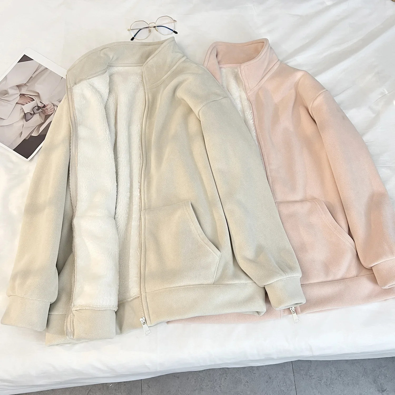 المرأة على الوجهين سترة مبطنة بالصوف القطبية كنزة صوف هوديي شتاء دافئ ملابس خارجية لينة مريحة ملابس الشارع الشهير غير رسمية #4