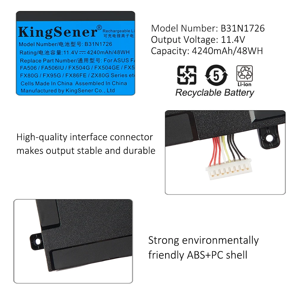 KingSener B31N1726 B31BN91 Do ASUS FX504 FX86 FX80GM FX505GE FX505DT FX80GE PX505GE PX505GD FX505GM FX80G B31BnEH A41LK9H 48Wh