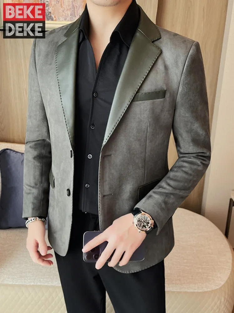

Business Men Spring Solid Color Long Sleeves Patchwork Slim Fit Work Blazer Single Breasted Casual Suit Jacket Fashion Male Coat