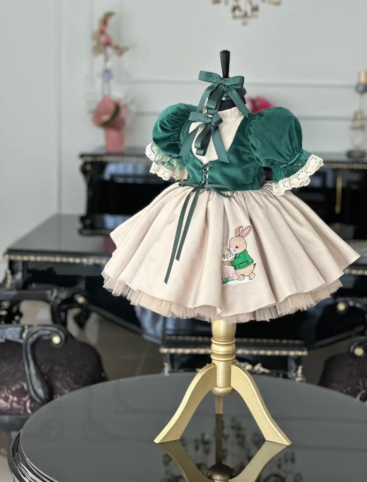 

0-12Y Baby Girl Autumn Green Rabbit Embroidery Vintage Princess Dress for Birthday Photography Holiday Eid Christmas C186