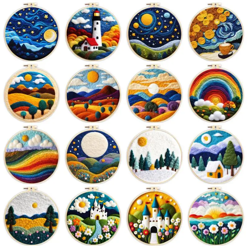 CHENISTORY Wool Felting Painting Colorful Moon Scenery Starter Kit Needle Felting Picture Wool Felting Painting Tool Kit Gift