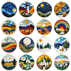 CHENISTORY-pintura de fieltro de lana, Kit de iniciación de paisaje de Luna colorida, imagen de fieltro de aguja, Kit de herramientas de pintura de fieltro de lana, regalo