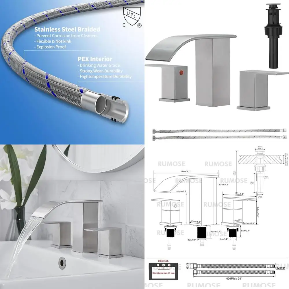

Набор смесителей для раковины из матового никеля с 3 отверстиями, выдвижным сливом и широко распространенными ручками, излив-водопад из нержавеющей стали, Deck Mo