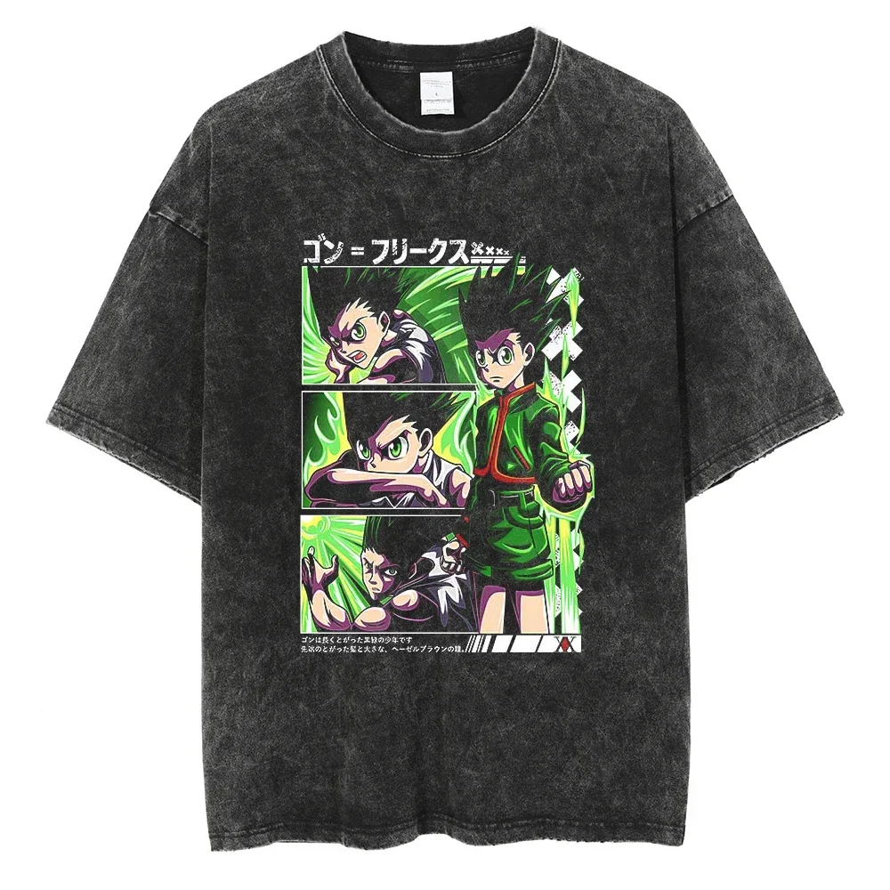 2026 summer Anime Hunter x Hunter Oversized T-shirt, Gon Freecss Multi-Panel Print Casual Streetwear Washed Black Tee