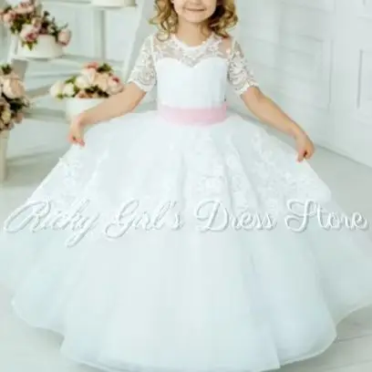 White Lace Kids Pageant Gown For Wedding Bridesmaid Floor Length Short Sleeve Communion Dress Pink Bow Baptism Gown Customized