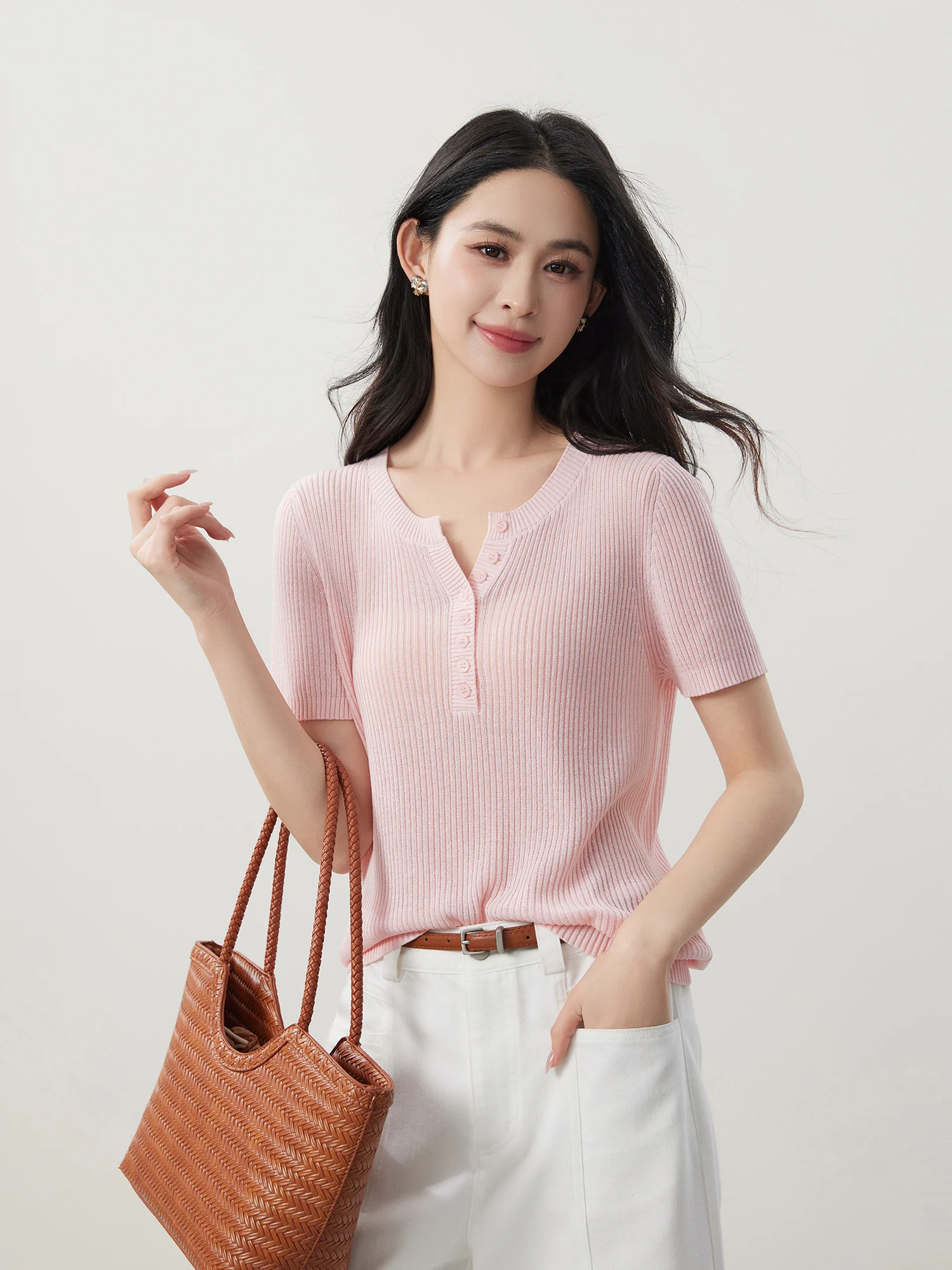

Elegant Women's Short Sleeve Knitted Shirt Henry Collar Linen Lyocell Vertical Pit Stripe Soft Style Casual Fashion Spring