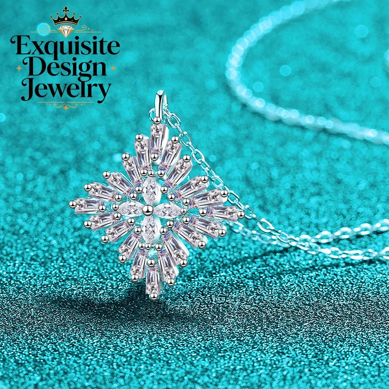 Exquisite Platinum PT950 Eye-catching 1.08-carat All Moissanite Necklace, Snowflake Marquise Diamond-studded Pendant Jewelry