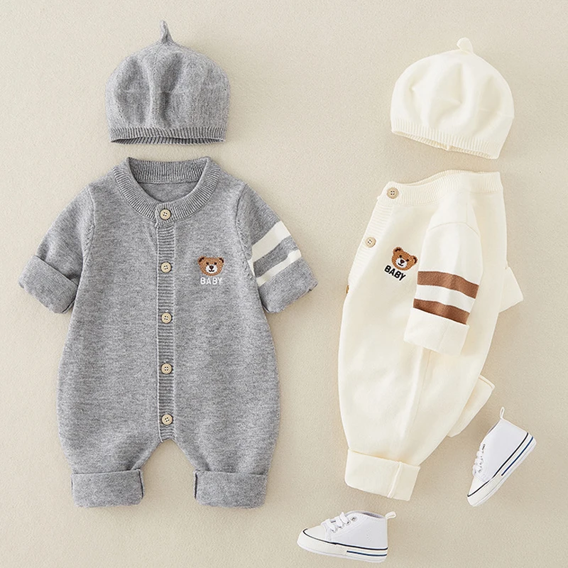 Autumn Newborn Baby Jumpsuit Hat 2-piece Set, Korean Version 0-18 Months Newborn Pure Cotton Outdoor Clothing Set